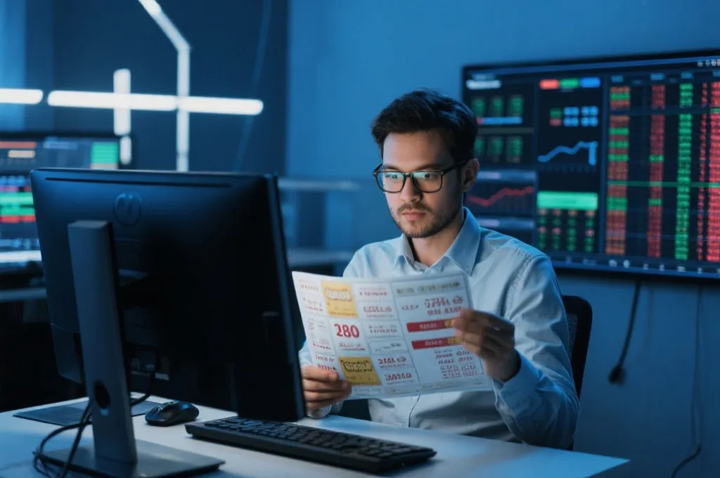 数据分析师在电脑前解读彩票中奖数据